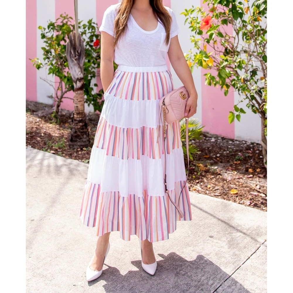 J.Crew Tiered Maxi Skirt Womens XS Sorbet Striped Cotton Elastic Waist Ruffle